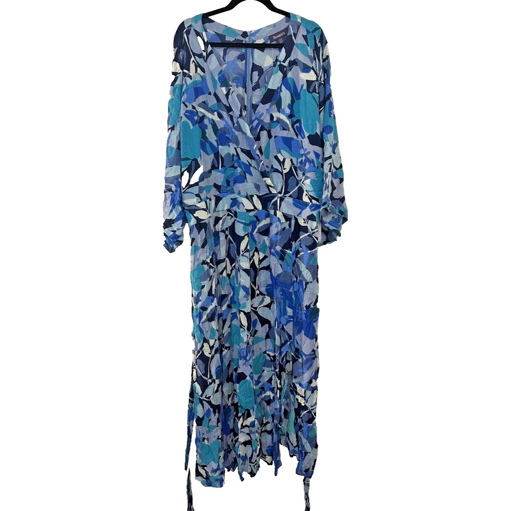 Roamans Womans Babydoll Floral Maxi Dress Size 2X Tropical Blue Tie Waist V neck